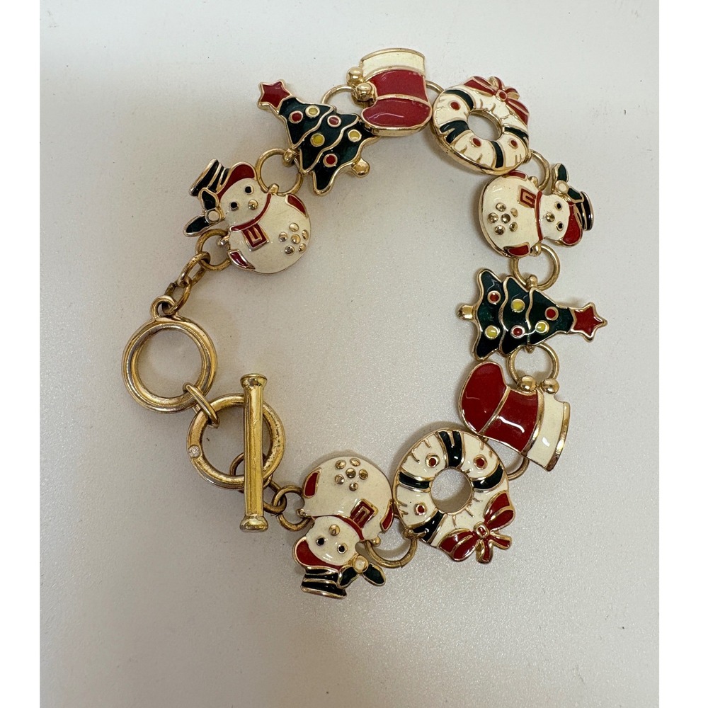 Christmas Holiday Enamel Charm Bracelet Gold Tone Snowman Tree Wreath Toggle 7in